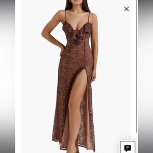 Lucianna Metallic Lace Sleeveless Gown HOUSE OF CB ESPRESSO. XS Worn Once autumn